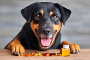 Happy dog taking vitamins and supplements – showcasing pet supplement manufacturing, custom pet vitamins, and healthy dog nutrition solutions.