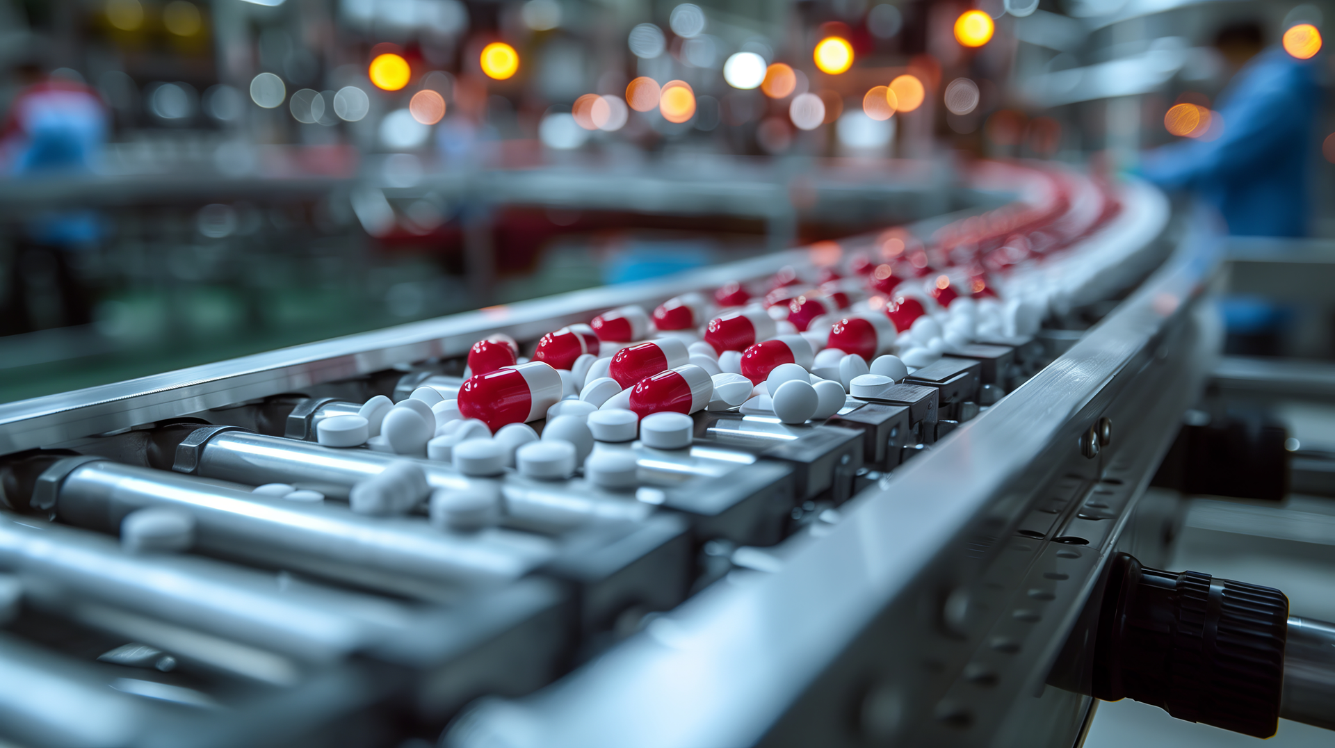 Pills and capsules manufacturing process close up supplement production