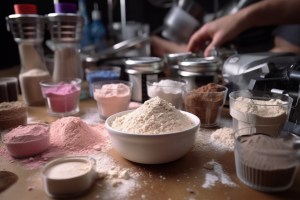 Various colorful powdered ingredients in glass and plastic containers on a production table, prepared for capsule supplement manufacturing in a modern facility.