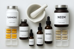 Turmeric, Neem, and Ashwagandha supplements with herbal extracts and capsules – Ayurvedic private label supplement product setup on white background