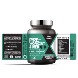 Supplement label in green and black color in front of silver bottle