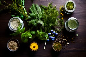 Assortment of fresh and dried medicinal herbs, green leaves, and colorful flowers arranged on a dark wooden surface, with glass jars containing herbal powders and seeds.