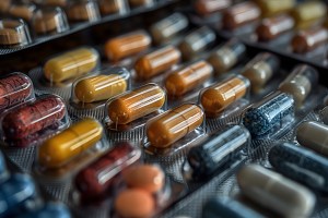 Close-up view of various blister packs containing multicolored capsules and tablets, providing a detailed and visually appealing perspective of medication. ideal for healthcare, pharmaceutical, and medical-related themes in design and content creation. 