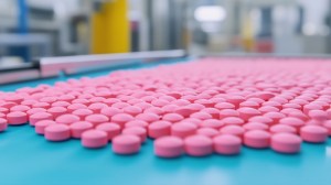 Pharmaceutical production line creating pink tablets in a modern factory setting for medical and healthcare industry with focus on automation, efficiency, manufacturing, and industrial processes