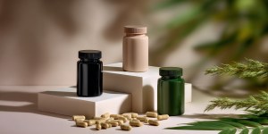 Three bottles of supplements on a light beige backdrop with scattered capsules and greenery
