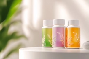 A collection of three elegantly designed health dietary supplement packaging bottles in green, pink, and orange sits on a clean, minimalist tabletop.