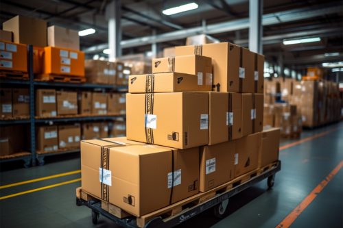 Warehouse with stacked cardboard boxes on a pallet, representing supplement packaging, storage, and distribution in a manufacturing facility