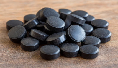 Chewable Tablet Contract Manufacturing – Black circular chewable tablets produced through specialized supplement contract manufacturing, displayed on a wooden surface.