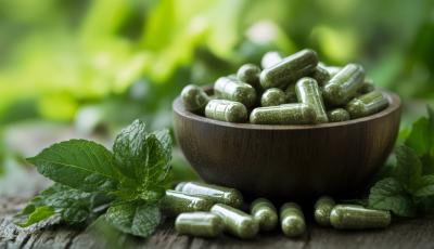 Green herbal capsules in a wooden bowl surrounded by fresh mint leaves – concept for natural health supplements produced by a Capsule Manufacturer offering premium capsule manufacturing services