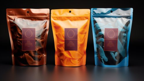 Shiny resealable pouches for Own Nutritional Supplements – sleek red, orange, and blue stand-up bags with minimalistic labels, ideal for custom health and wellness branding.
