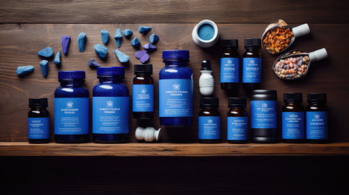 A wide range of blue-labeled health and wellness products neatly arranged on a wooden shelf, representing a premium collection from the best supplement companies. The image showcases various bottles and jars of vitamins and nutritional supplements com brands, emphasizing the quality and variety of American supplements.